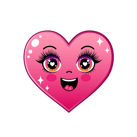 Cute pink heart cartoon character with big, sparkly eyes and a happy smile.のイラスト素材
