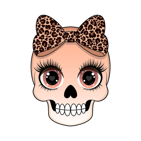 Skull with big, sparkling eyes, long eyelashes, and a trendy leopard print bow.のイラスト素材