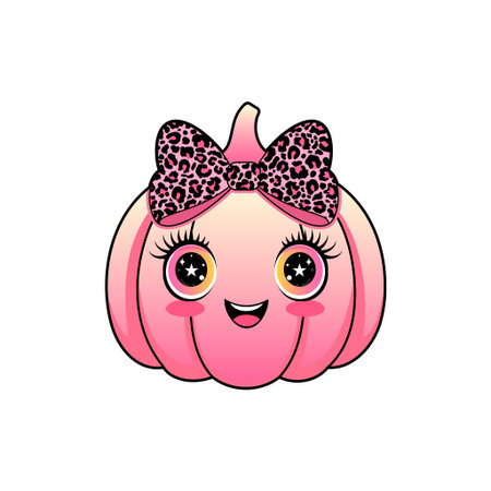 Pink pumpkin with a cute face, glittery eyes, and a fashionable leopard print bowのイラスト素材