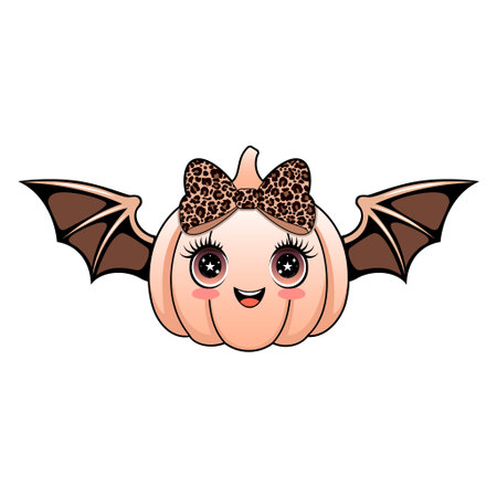 Kawaii pumpkin with a leopard print bow and bat wingsのイラスト素材