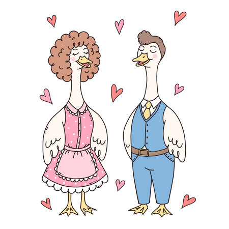 Cute doodle geese couple in love, dressed in vintage-style clothes, surrounded by pink hearts.のイラスト素材