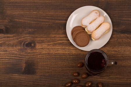 Cup of tea and cookies on the table. Top viewの写真素材