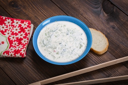 Close-up of russian cold vegetable soup on yogurt, sour-milk base - okroshkaの写真素材