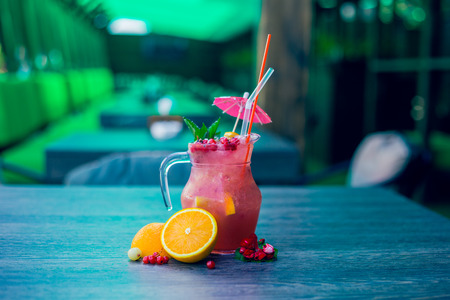 lemonade with lime, mint on a wooden tableの写真素材