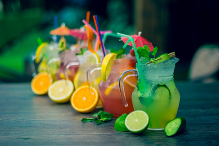 lemonade with lime, mint on a wooden tableの写真素材