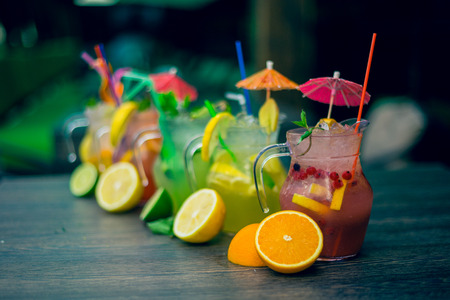 lemonade with lime, mint on a wooden tableの写真素材
