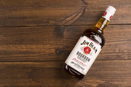 READING MOLDOVA APRIL 8, 2016. Jim Beam is one of best selling brands of bourbon in the world, produced by Beam Inc. in Clermont, Kentucky.のeditorial素材