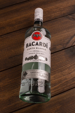 READING MOLDOVA APRIL 9. 2016 Photo of bottle of "Bacardi" CARTA BLANCA Superior white rum. Editorial.のeditorial素材