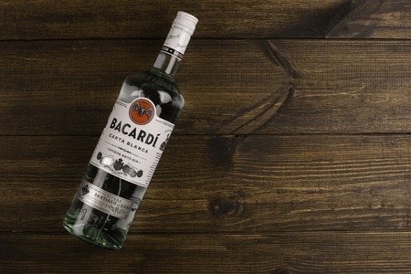 READING MOLDOVA APRIL 10. 2016 Photo of bottle of "Bacardi" CARTA BLANCA Superior white rum. Editorial.のeditorial素材