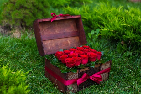 Natural red roses in box surpriseの写真素材
