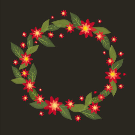 A wreath of red flowers in vector-style embroidery on a black background. Embroidery flower. Embroidery vector flowerのイラスト素材