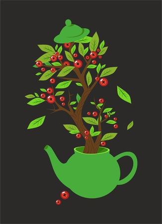 Green teapot with inscription on the side and a blueberry Bush growing out of it. The symbol of the green tea with blueberries.  illustrationのイラスト素材