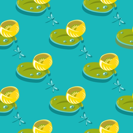 Vector flat pattern of yellow water lily. Isolated on blue background. Element for design.のイラスト素材
