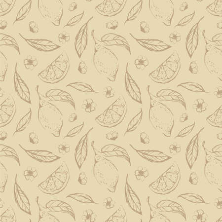 Lemon hand draw seamless pattern background wallpaper. Cute seamless pattern with lemons. Vector seamless pattern with lemon, leaves and flower.のイラスト素材