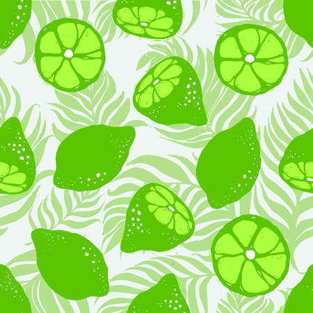 Lime and palm leaves seamless vector pattern. Seamless pattern with lime on dypsis palm leaves light background. Fruit background.のイラスト素材
