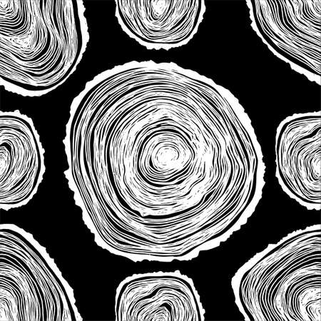 Cross-section of a tree seamless pattern hand draw. Tree rings hand draw seamless vector pattern. Saw cut tree trunk background.のイラスト素材