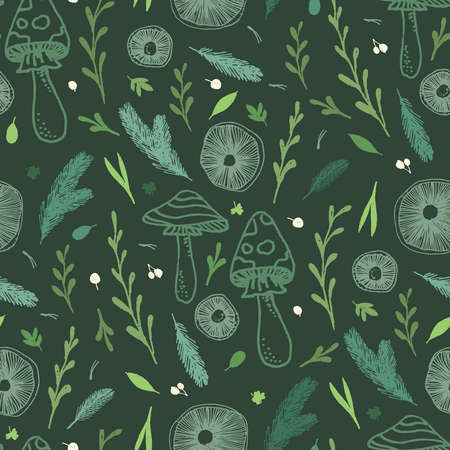 Mushrooms and forest leaves hand drawn seamless vector pattern.のイラスト素材