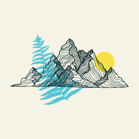 Mountains, sun and fern line art vector print. Vector illustration for textile prints, cards, design,logo.のイラスト素材