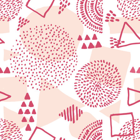 Viva Magenta retro vector abstract seamless pattern in geometric style. Vector form a triangle, a line, a circle. Hipster vector fashion Memphis style seamless pattern. Color of the year 2023.のイラスト素材