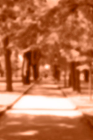 Peach Fuzz toned colour park landscape. Garden monochrome background. Trendy color 2024.