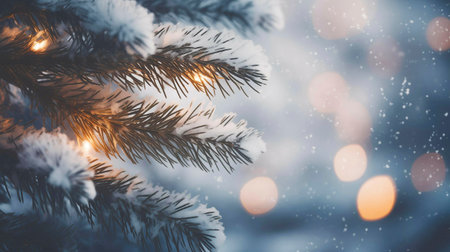 Fir branches in the snow close-up with bokeh. Christmas background with place for your text. High quality photoの素材