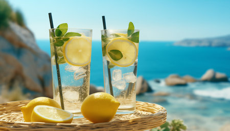 Two glasses of lemonade against the backdrop of the sea and mountains in sunny weather.の素材