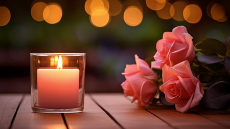A burning candle and rose flowers against the background of a garden. Banner with copy space. Self care and aromatherapy concept.の素材