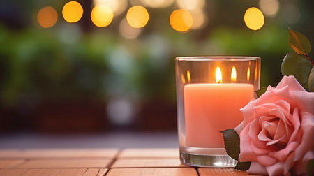 A burning candle and rose flowers against the background of a garden. Banner with copy space. Self care and aromatherapy concept.の素材