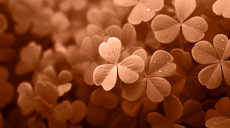 Lucky clover leaves for St. Patricks Day. Banner with Irish clover leaves. Peach Fuzz tonedの素材