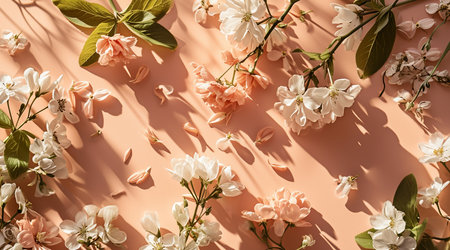 Flowers on a peach background. Spring floral flat lay backgroundの素材