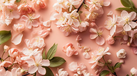 Flowers on a peach background. Spring floral flat lay backgroundの素材