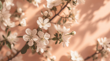 Flowers on a peach background. Spring floral flat lay backgroundの素材