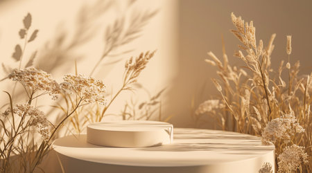 Beige minimalistic pedestal with dry grass in the background and shade from the sun.の素材