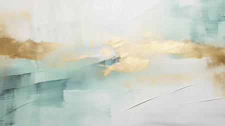 An abstract painting with soft pastel green and white hues accented by dynamic gold elementsの素材
