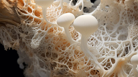 Close-up of a variety of mushrooms and fungal textures featuring intricate details and a spectrum of earthy tones, showcasing the beauty and complexity of fungiの素材