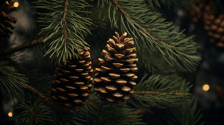 Pine cones hang amidst dark green fir branches, with a warm bokeh effectの素材