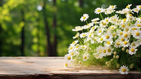 Bouquet of fresh daisies on a wooden table outdoors, green forest backgroundの素材