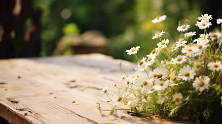 Bouquet of daisies on a wooden table, bathed in warm sunlightの素材