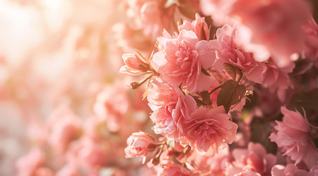 Blooming pink roses bask in warm sunlight. Copy space.の素材