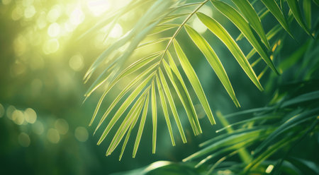 Close up of green palm leaf with sunlight and bokeh backgroundの素材