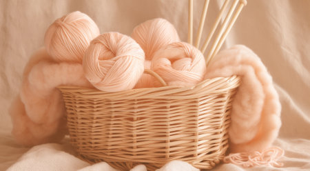 A basket of yarn balls and knitting needles with a soft knitted fabric in warm tonesの素材