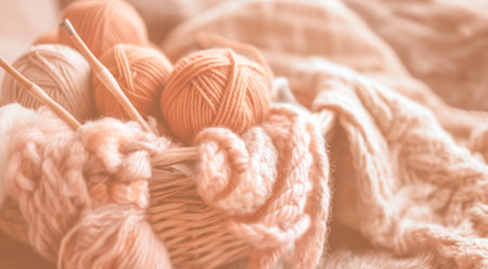 Colorful yarn balls and knitting needles in a basket, indicating a cozy crafting theme.の素材