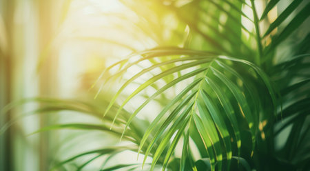 Lush green palm leaves basking in soft sunlight, depicting a tranquil natural settingの素材