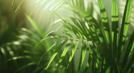 Lush green palm leaves bask in vibrant sunlight with a soft-focus backgroundの素材