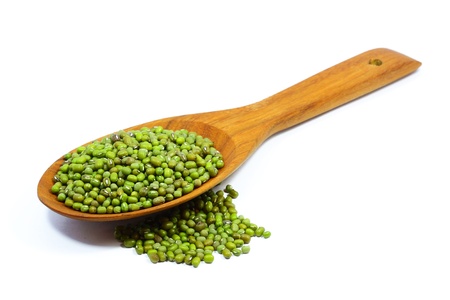 Green mung beans on white backgroundの写真素材