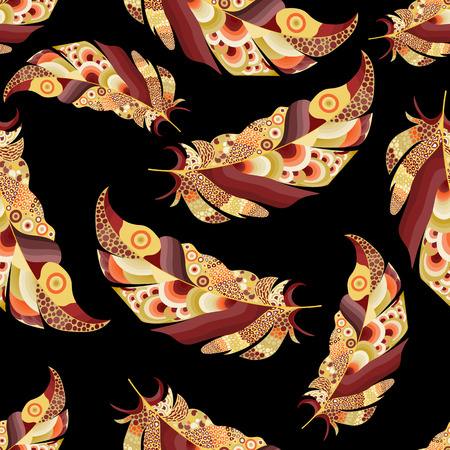 Seamless pattern of beige abstract feathers or leaves on black background.のイラスト素材