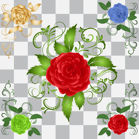 Beautiful set of bright vintage roses with curls on a transparent backgroundのイラスト素材