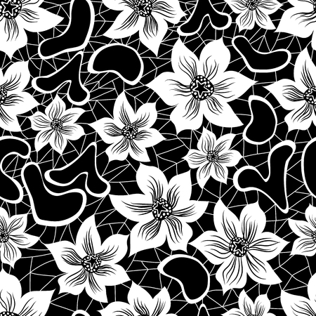 black and white seamless floral pattern of large flowers with cobwebs on black backgroundのイラスト素材