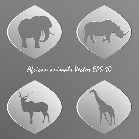 Set of white paper stickers. Silhouettes of 3d african animals, isolated, gray backgroundのイラスト素材