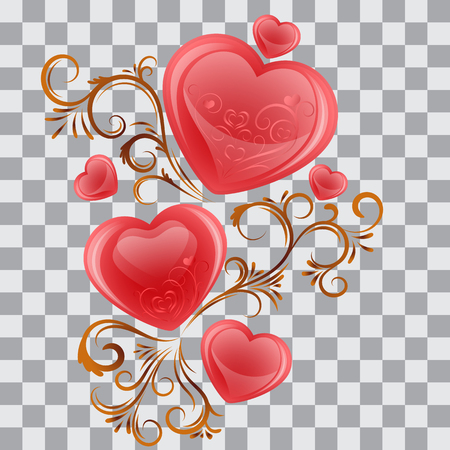 Element for Valentine's Day with curlicues and hearts, isolated. Vector illustration on a transparent background.のイラスト素材